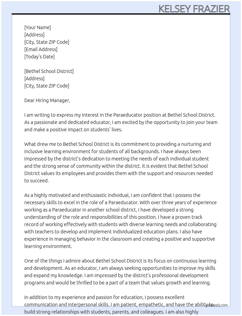 Paraeducator At Bethel School District  Cover Letter