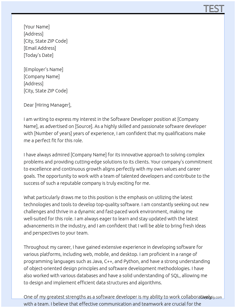 Software Developer At test Cover Letter