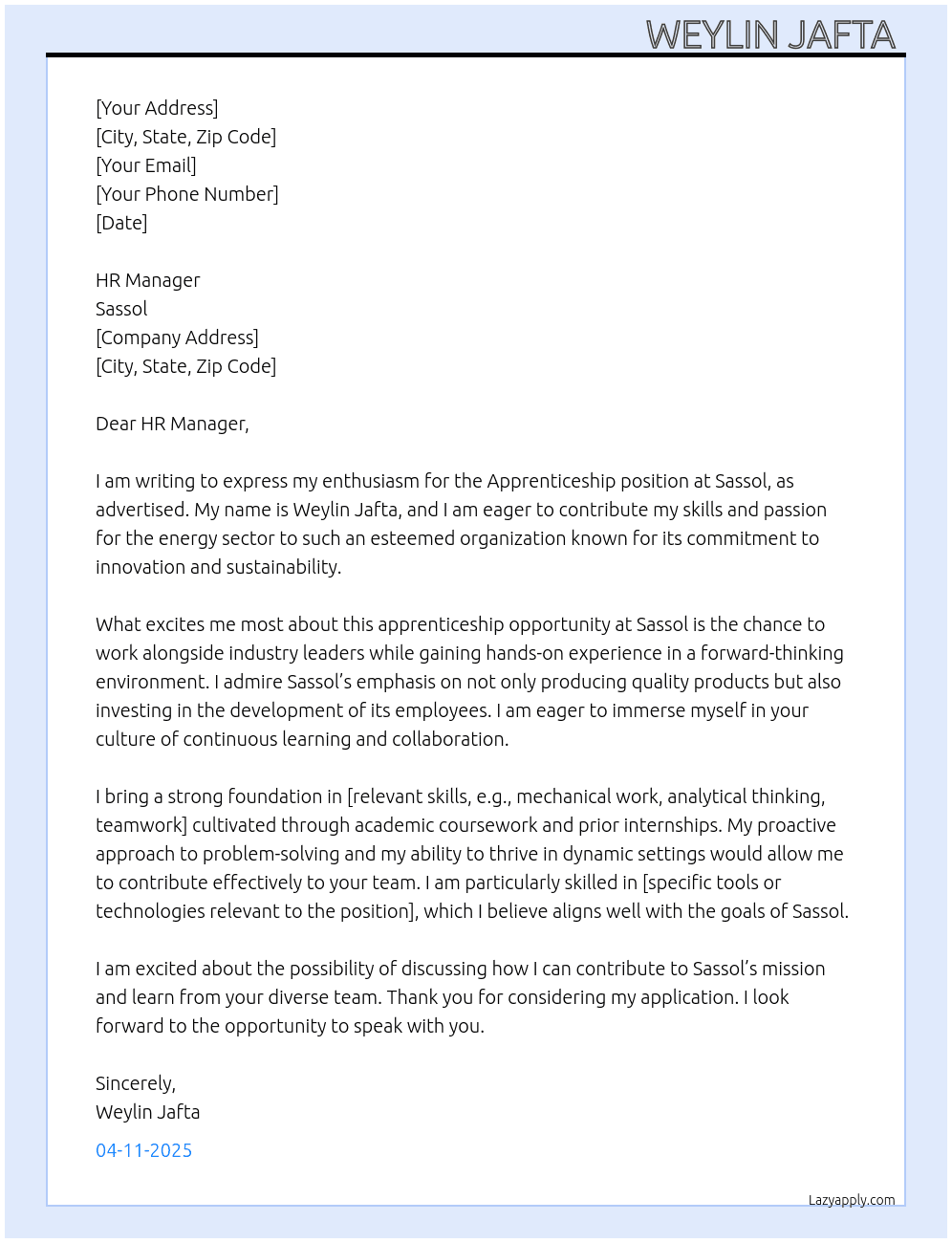 Apprenticeship  At Sassol  Cover Letter
