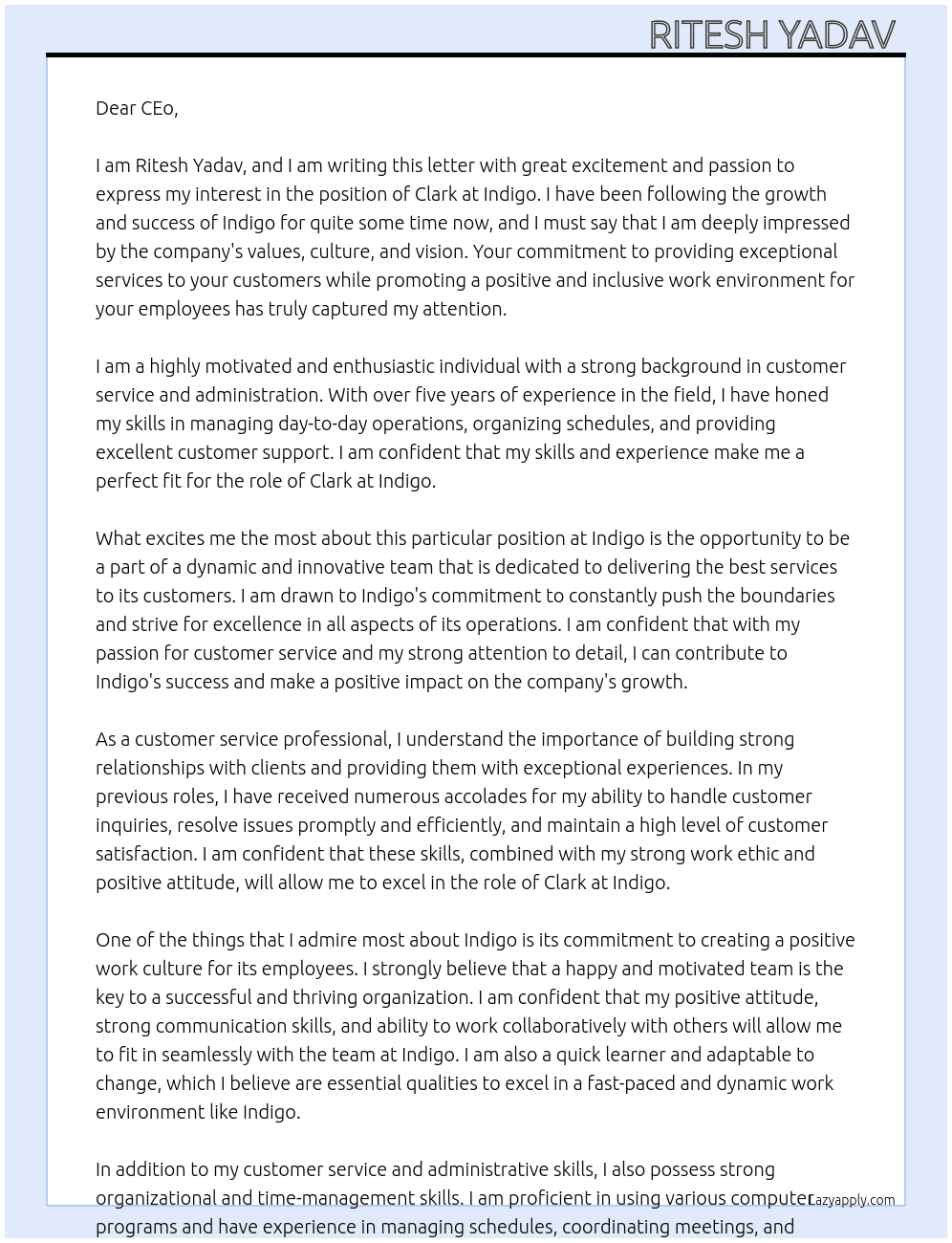 Clark  At Indigo  Cover Letter
