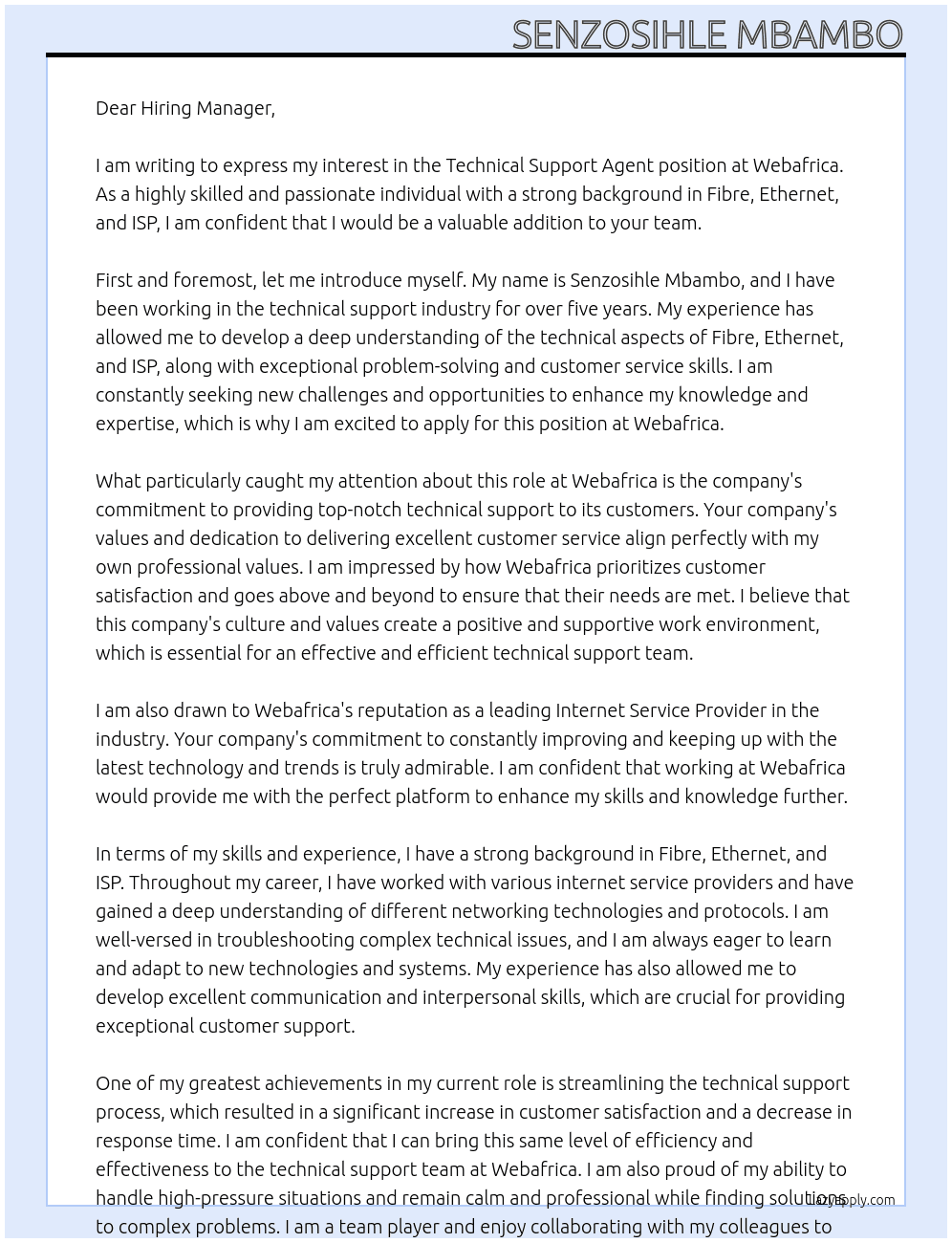 Technical Support Agent At Webafrica Cover Letter