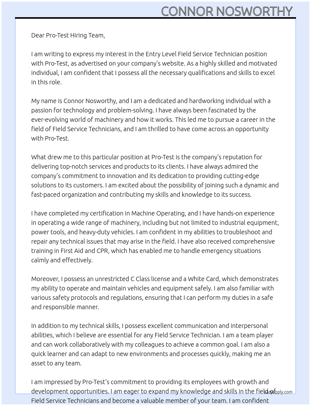 Entry Level - Field Service Technicians At Pro-Test Cover Letter