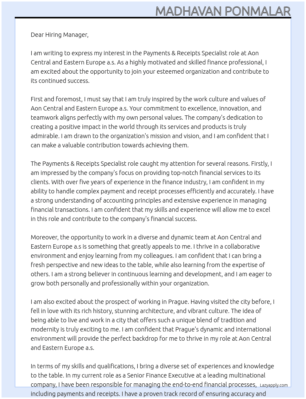 Payments & Receipts Specialist At Aon Central and Eastern Europe a.s Cover Letter
