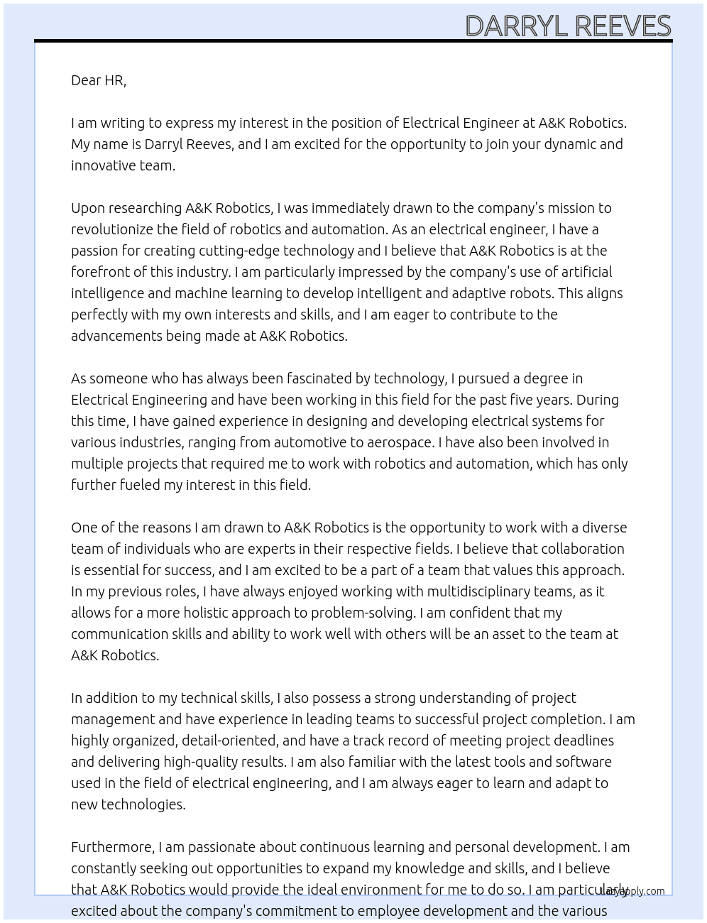 Electrical Engineer At a&k robotics Cover Letter
