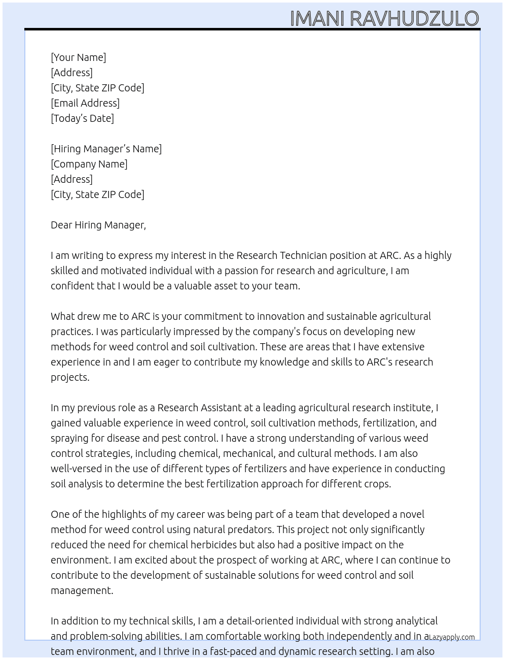 Rsearch technician At ARC Cover Letter