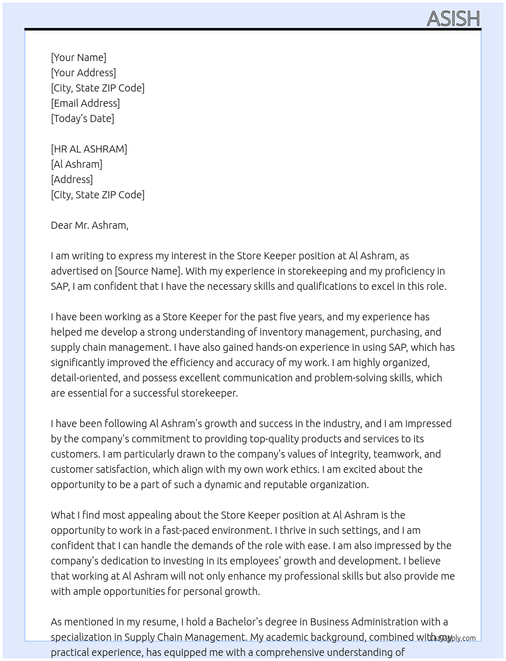 Store keeper At Al Ashram Cover Letter