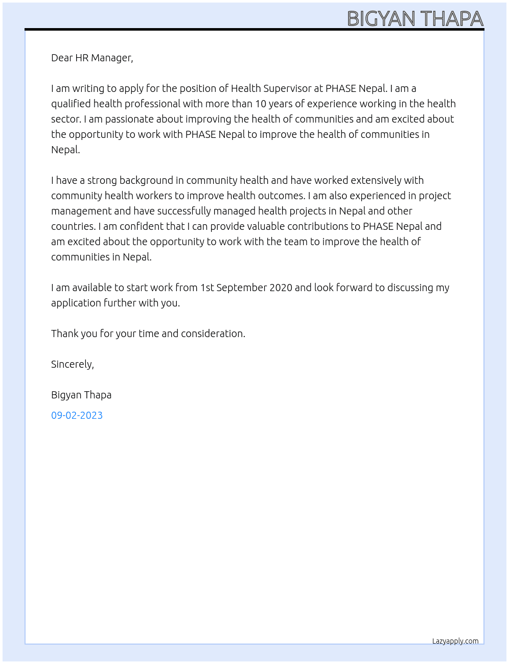 Health Supervisior  At PHASE NEPAL Cover Letter