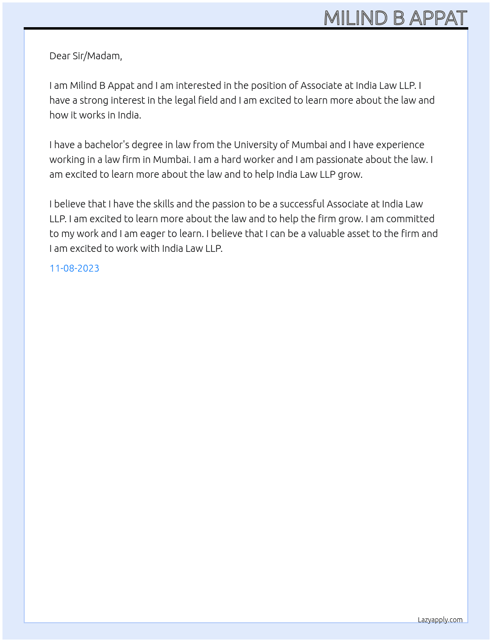 Associate At India Law LLP Cover Letter
