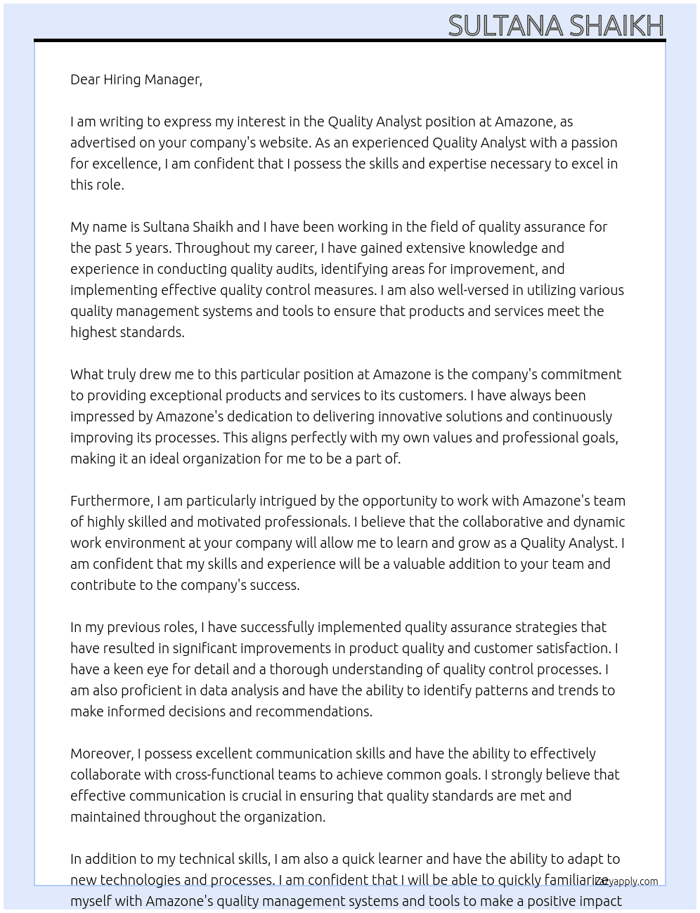Quality analyst At Amazone Cover Letter