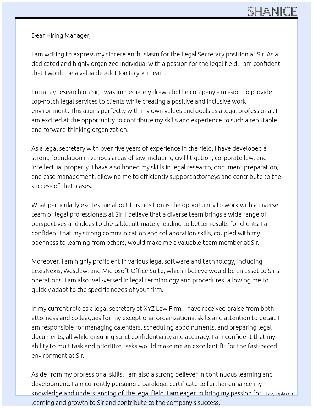 Legal Secretary  At Sir  Cover Letter