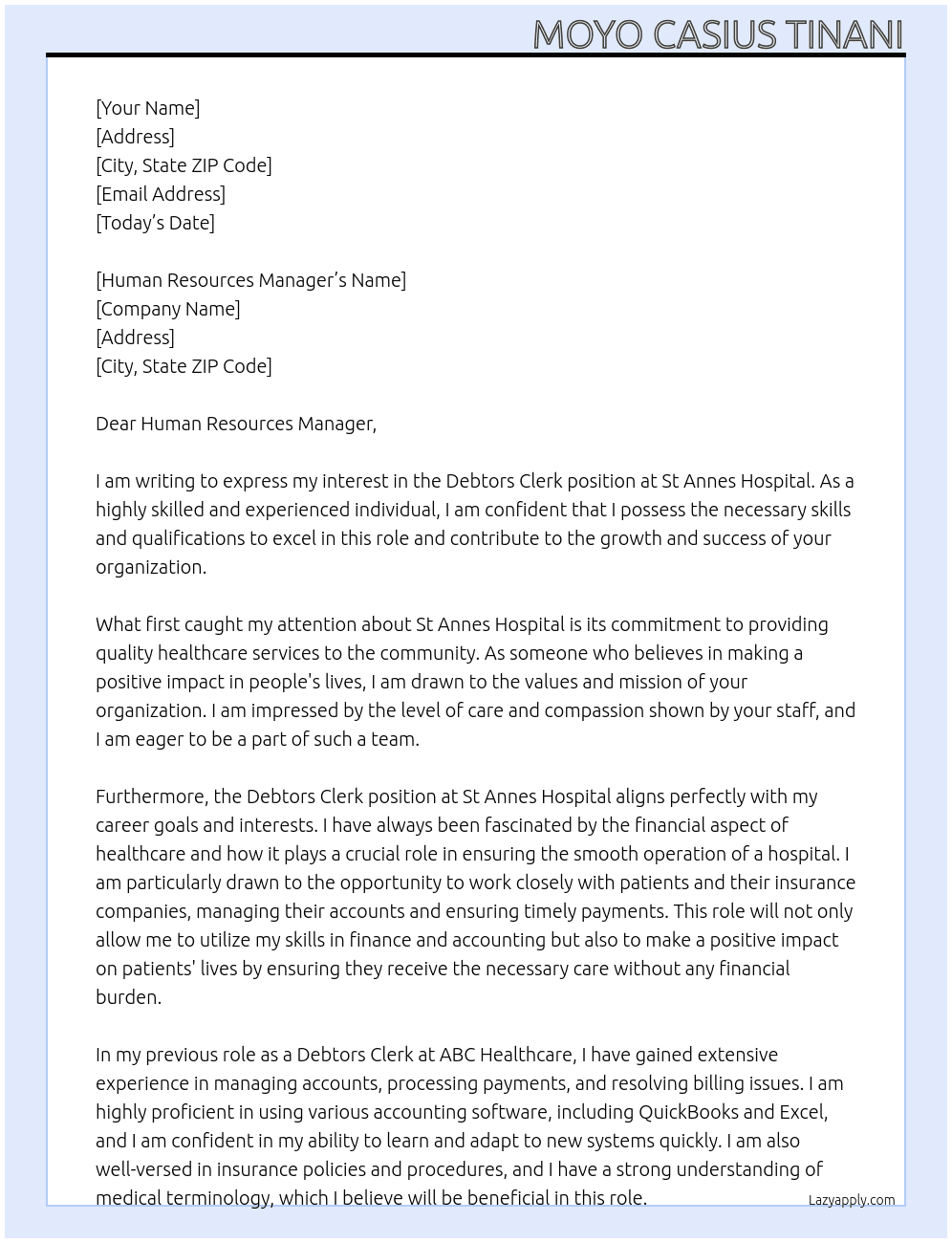 Debtors clerk At ST ANNES HOSPITAL Cover Letter