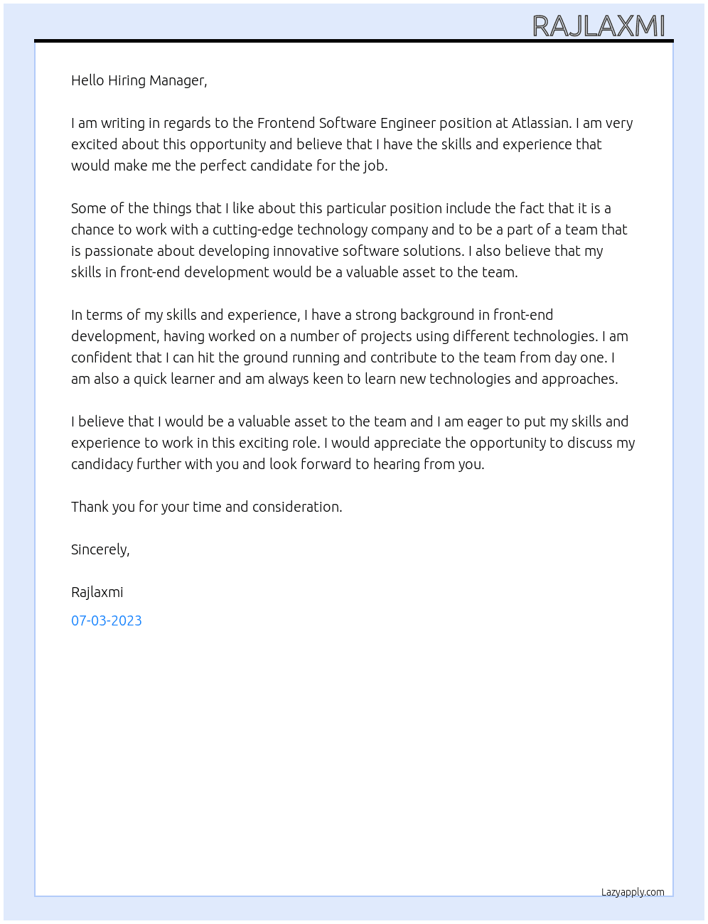 Frontend Software Engineer At Atlassian  Cover Letter