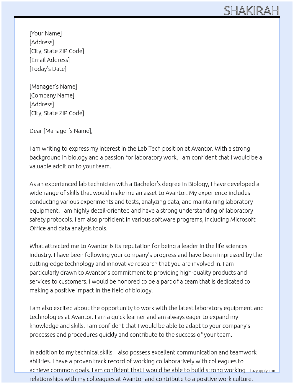 Lab tech At Avantor Cover Letter