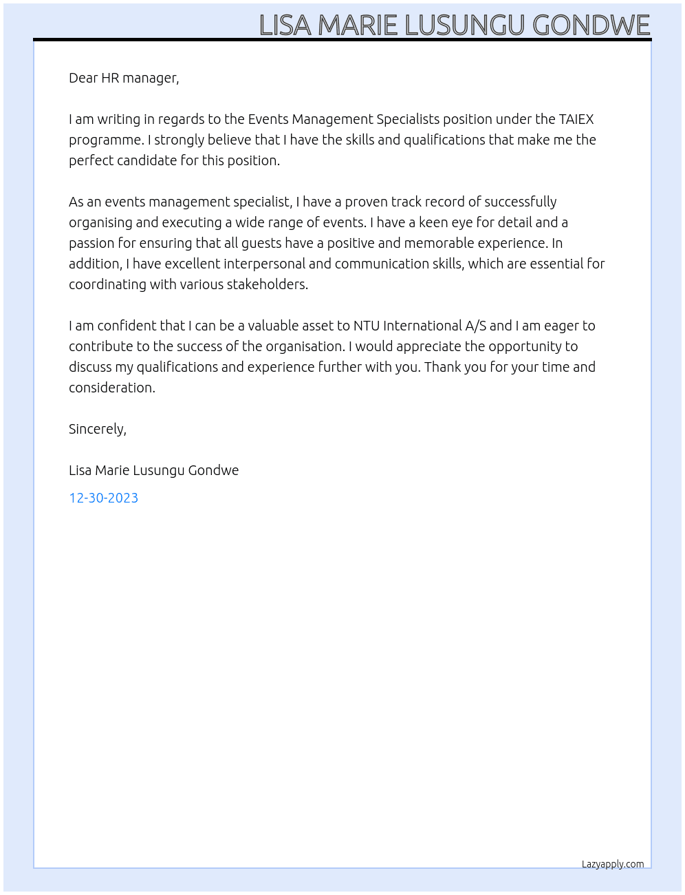 Events Management Specialists under TAIEX programme At NTU International A/S  Cover Letter