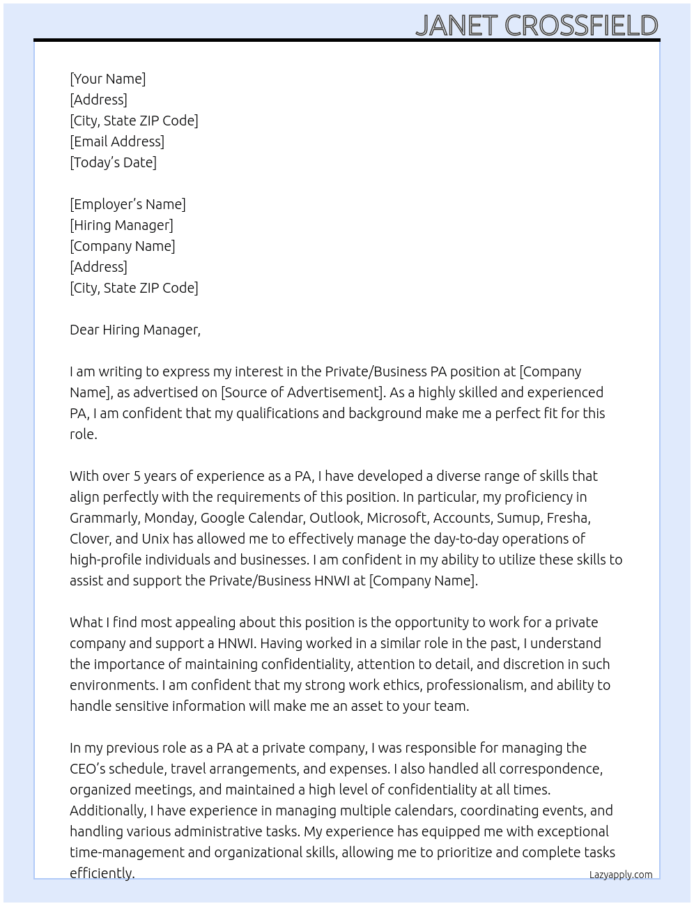PA to Private/Business HNWI  At Private company Cover Letter