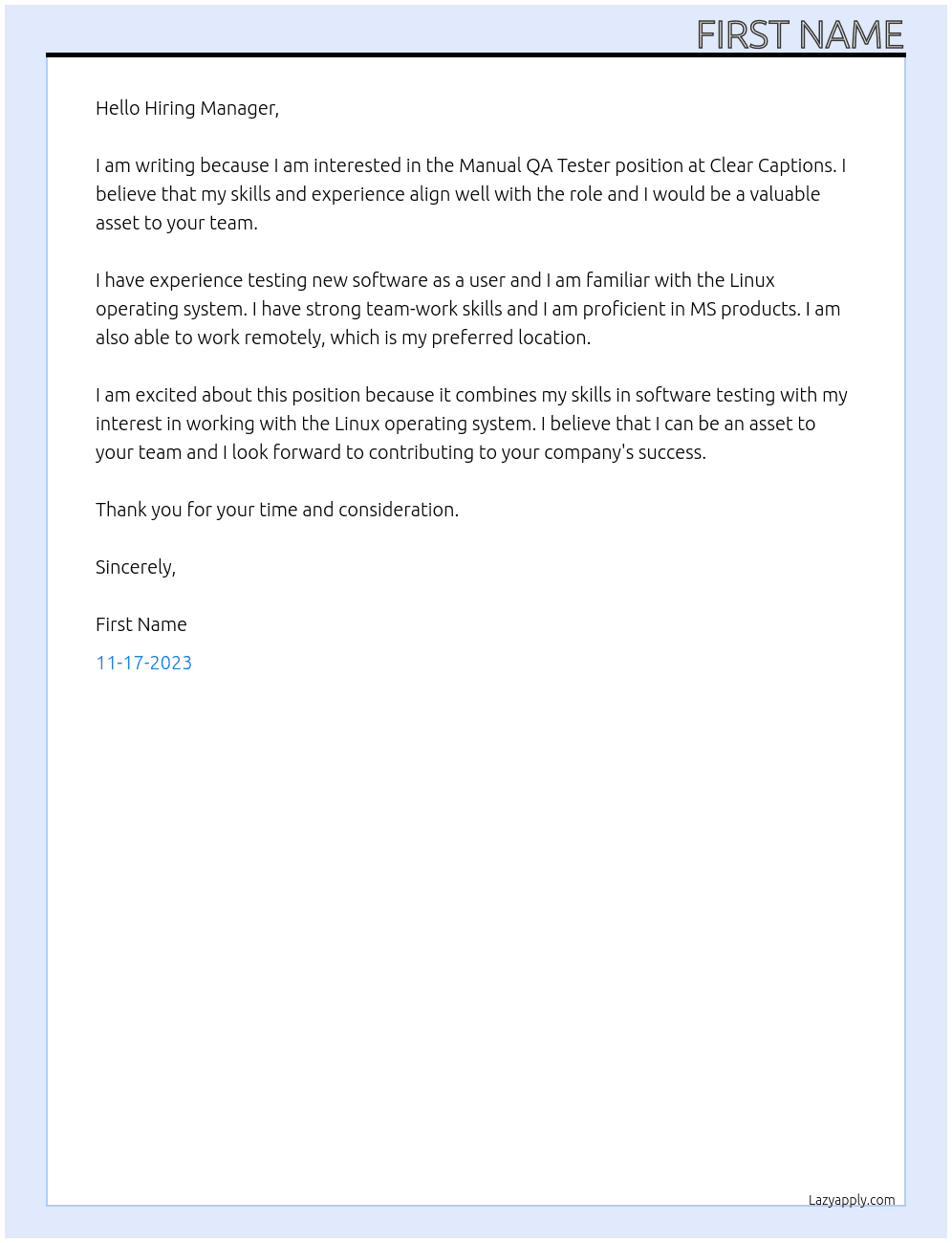 Manual QA Tester At Clear Captions Cover Letter