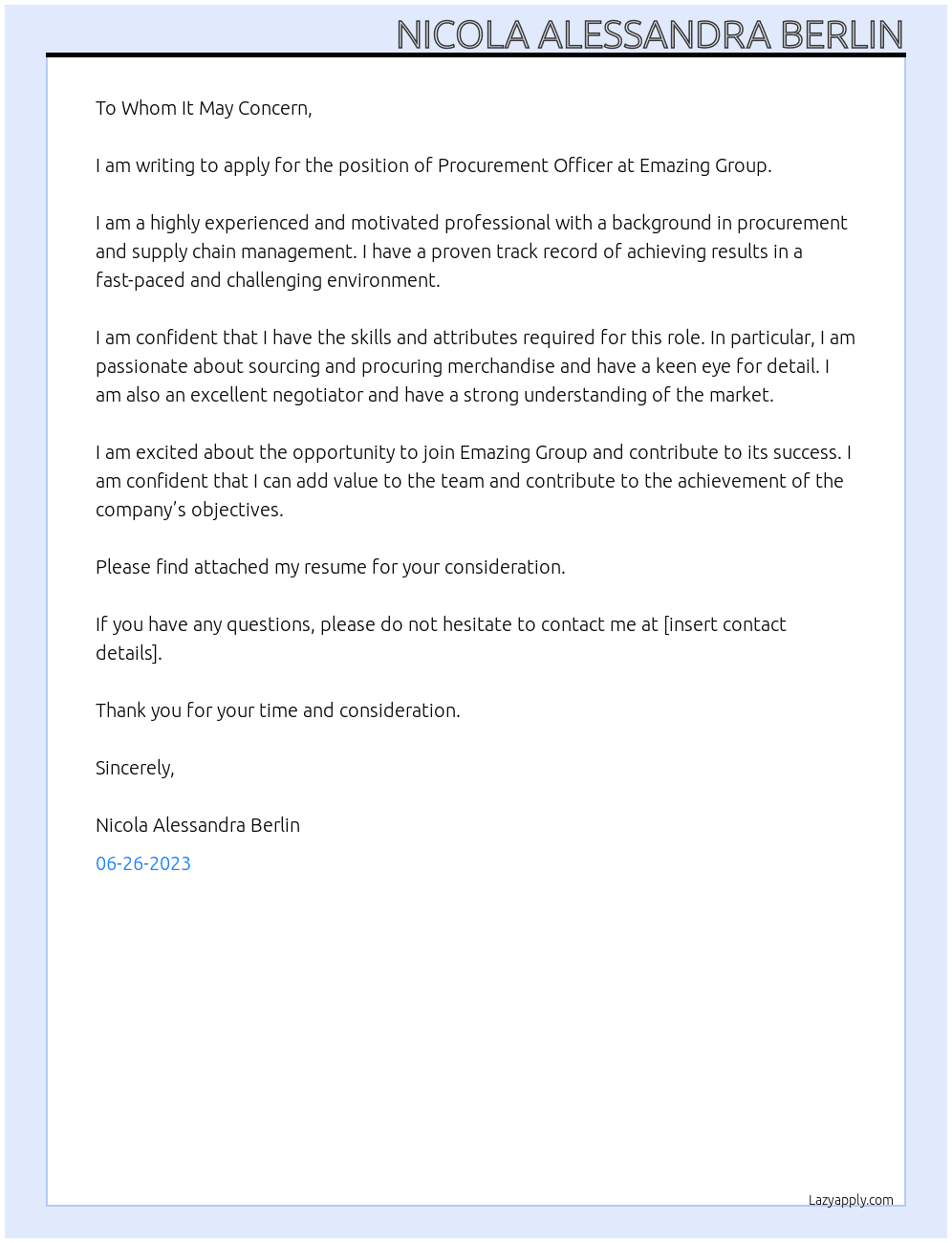 Procurement Officer  At Merchandise Planner Cover Letter