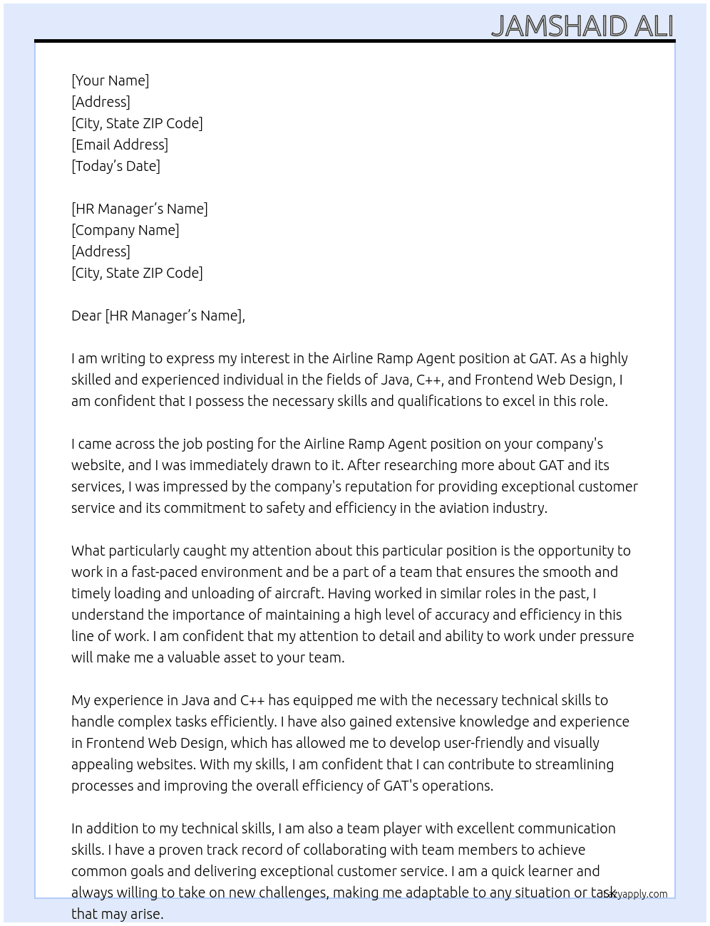 Airline Ramp Agent At GAT Cover Letter