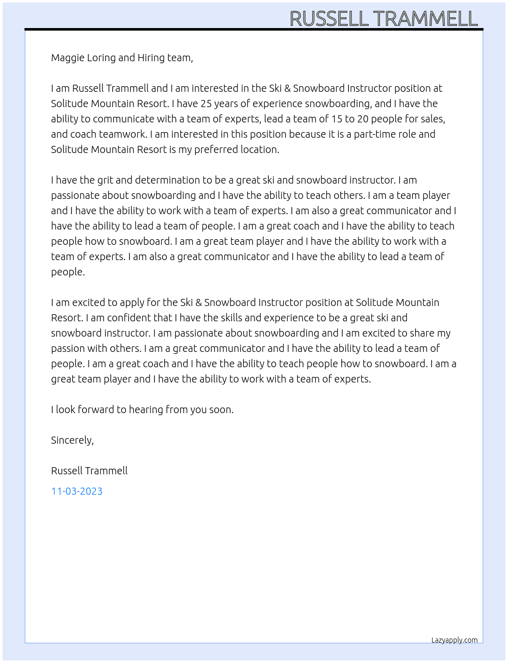 Ski & Snowboard Instructor  At Solitude Mountain Resort  Cover Letter