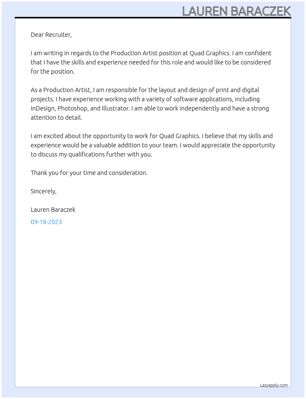 Production Artist At Quad Graphics Cover Letter