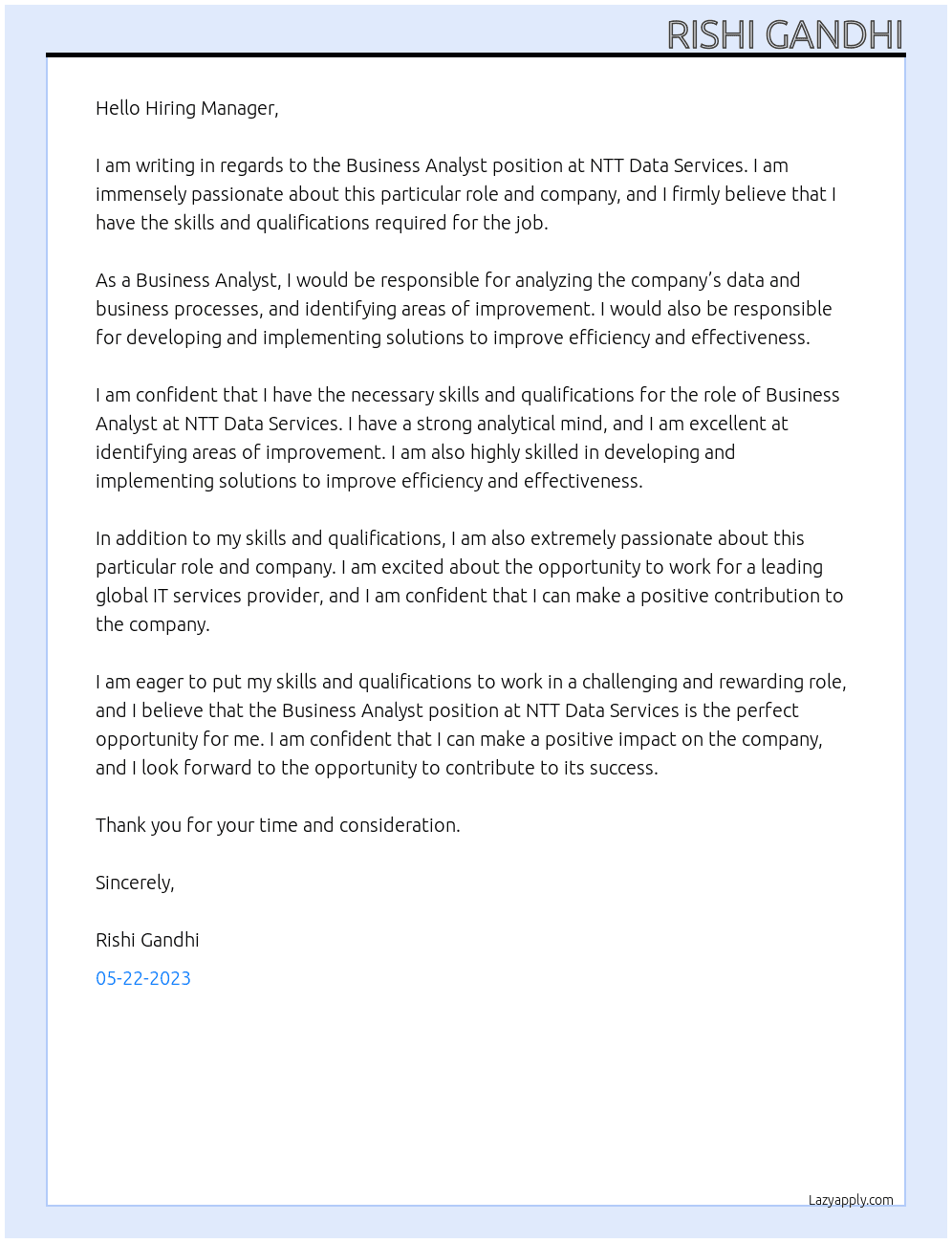 Business Analyst At NTT Data Services  Cover Letter