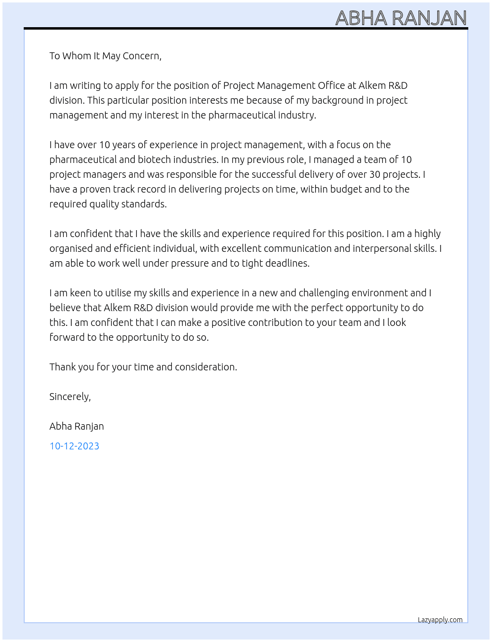 Project management office At Alkem R&D division Cover Letter