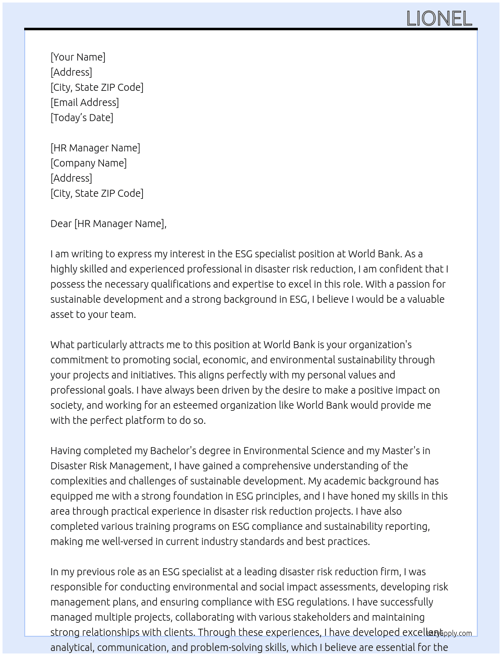 Cover letter for esg specialist from a disaster risk reduction background - LazyApply