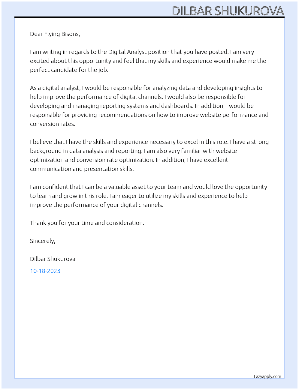 Digital Analyst At Flying Bisons Cover Letter