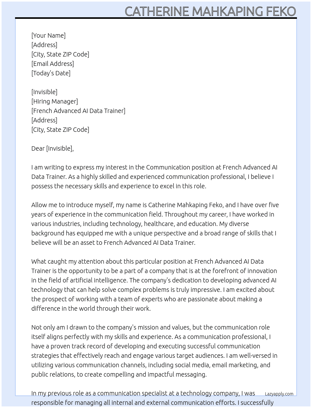 Communication At French Advanced AI Data Trainer Cover Letter