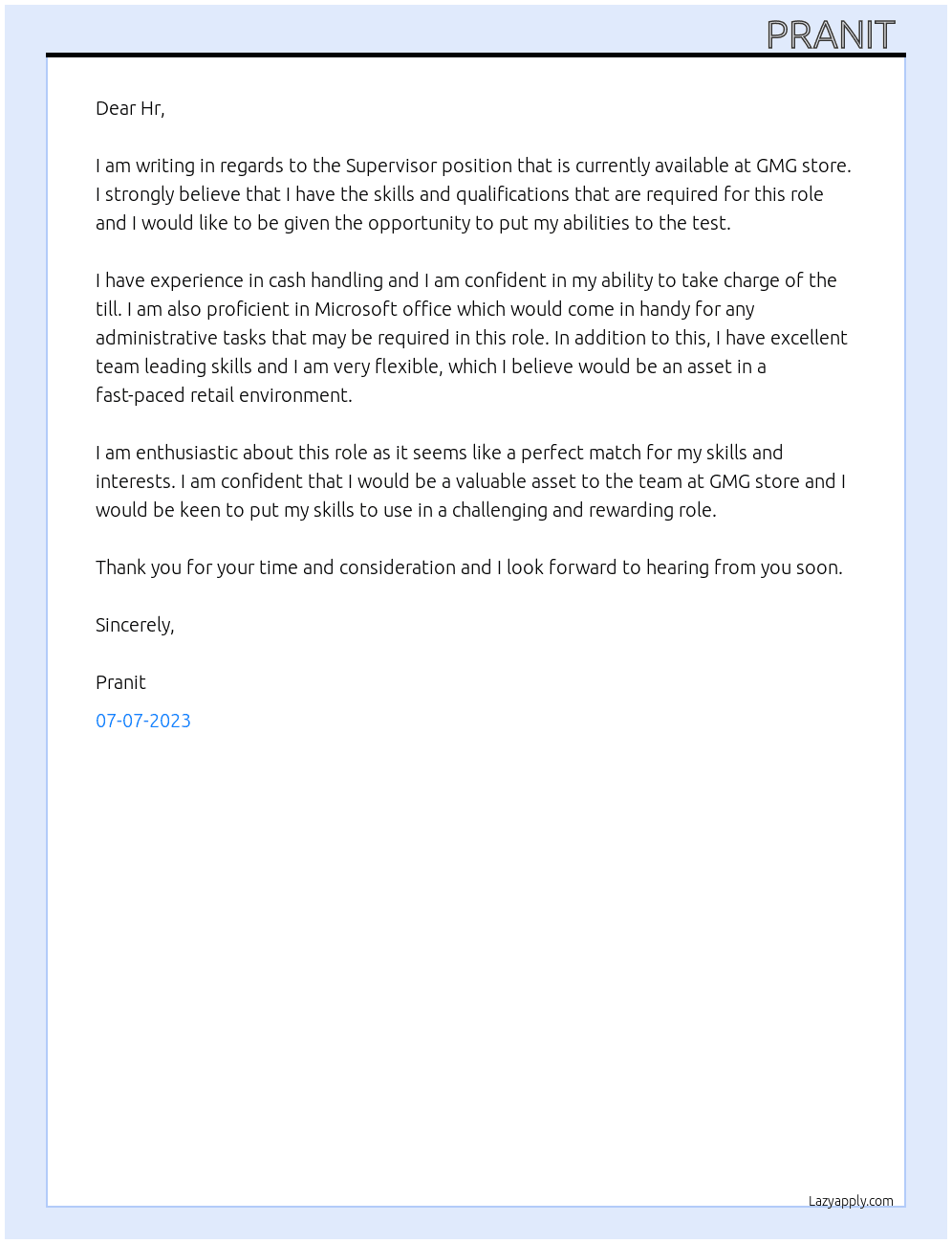 Supervisor  At GMG store Cover Letter