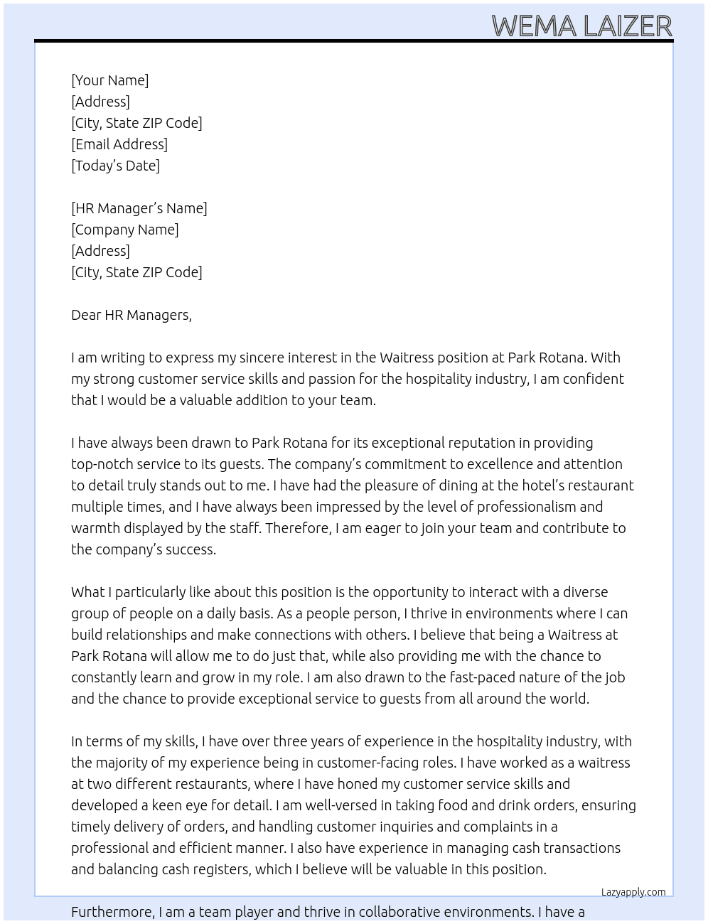 Waitress  At Park  Rotana  Cover Letter