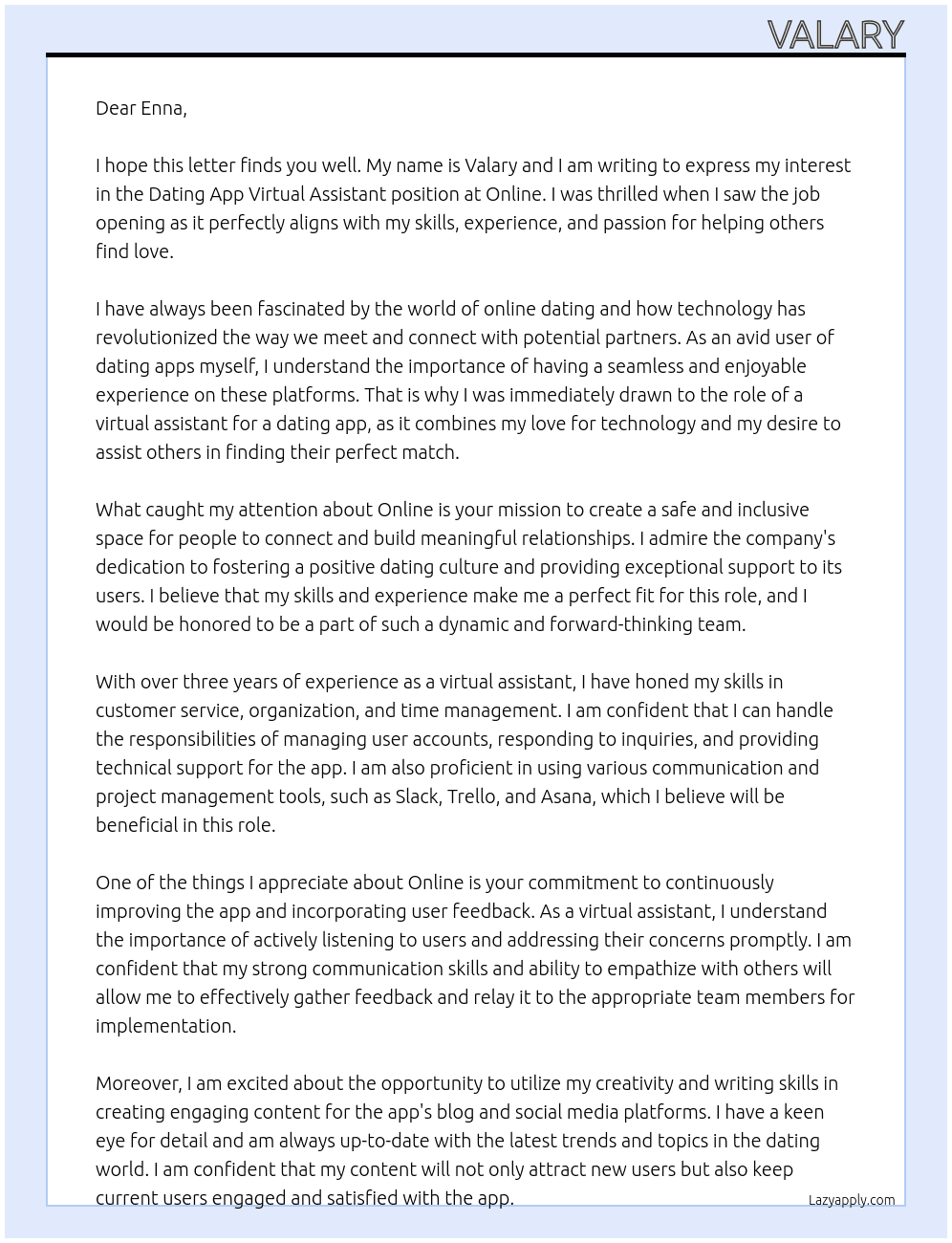 Dating App virtual Assistant At Online Cover Letter