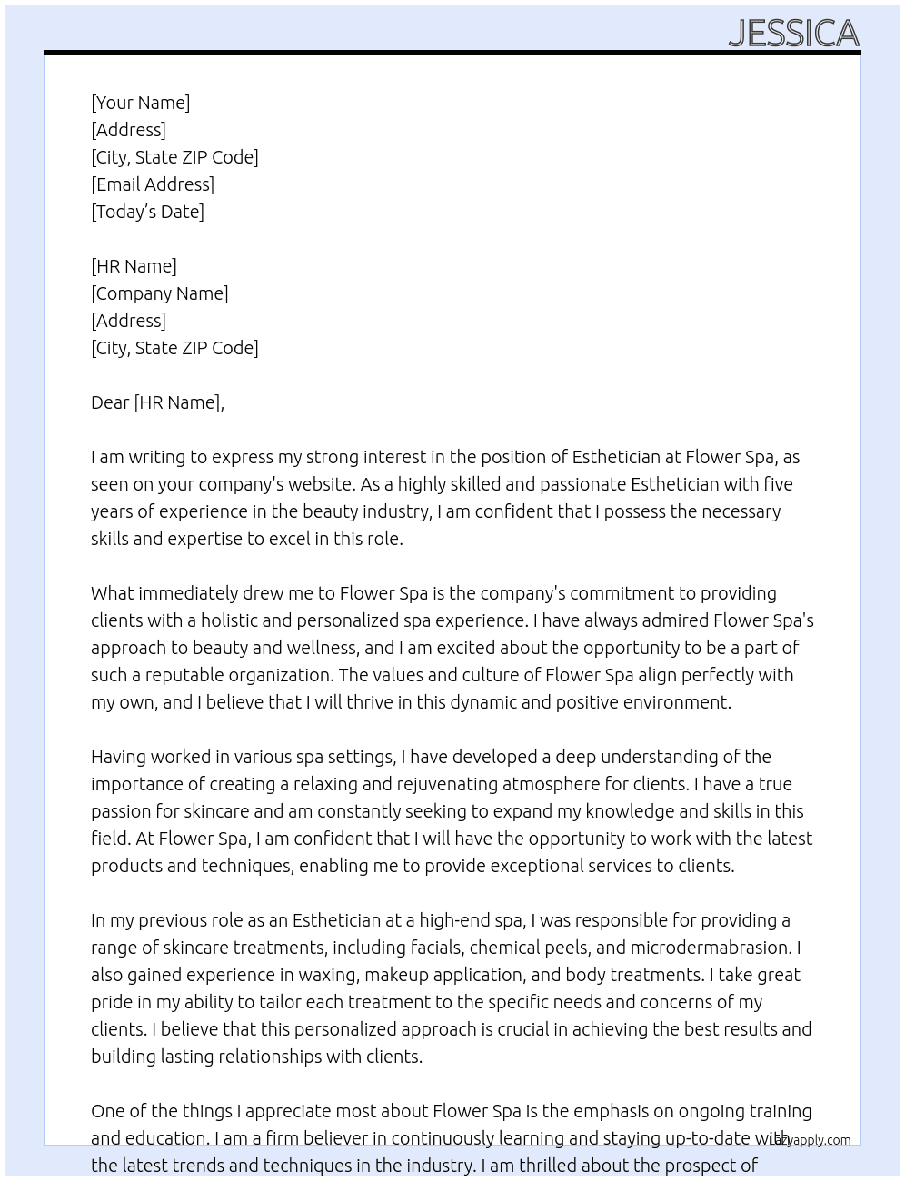Esthetician At Flower Spa Cover Letter