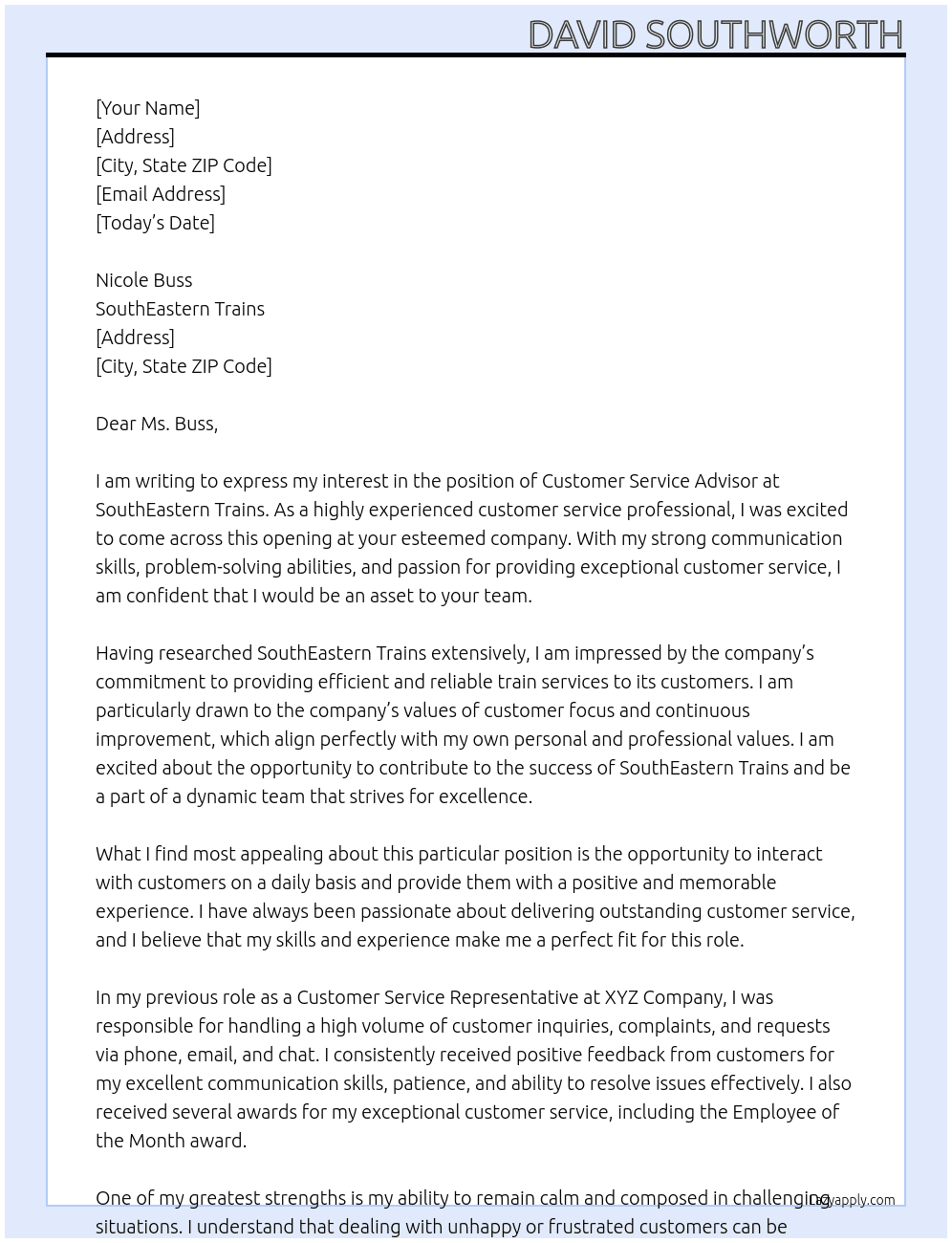 Customer Service Advisor At SouthEastern Trains Cover Letter