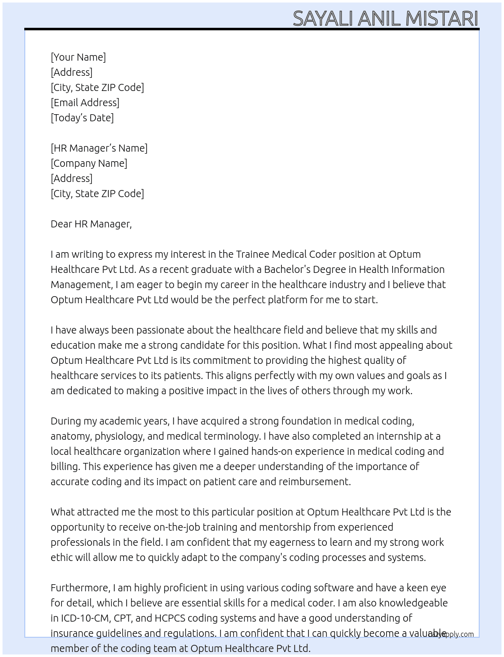 Trainee Medical Coder  At Optum Healthcare Pvt ltd Cover Letter
