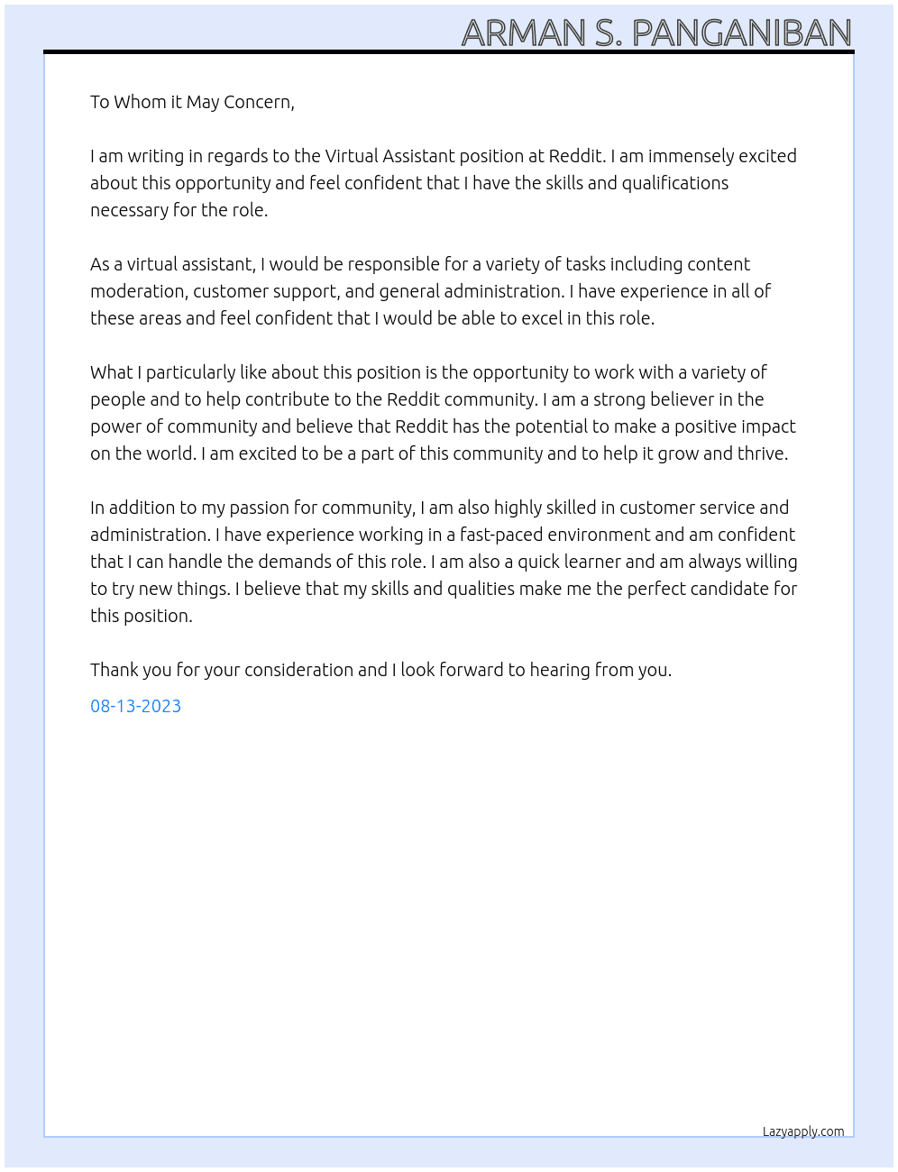 Virtual Assistant Reddit At this Project Cover Letter