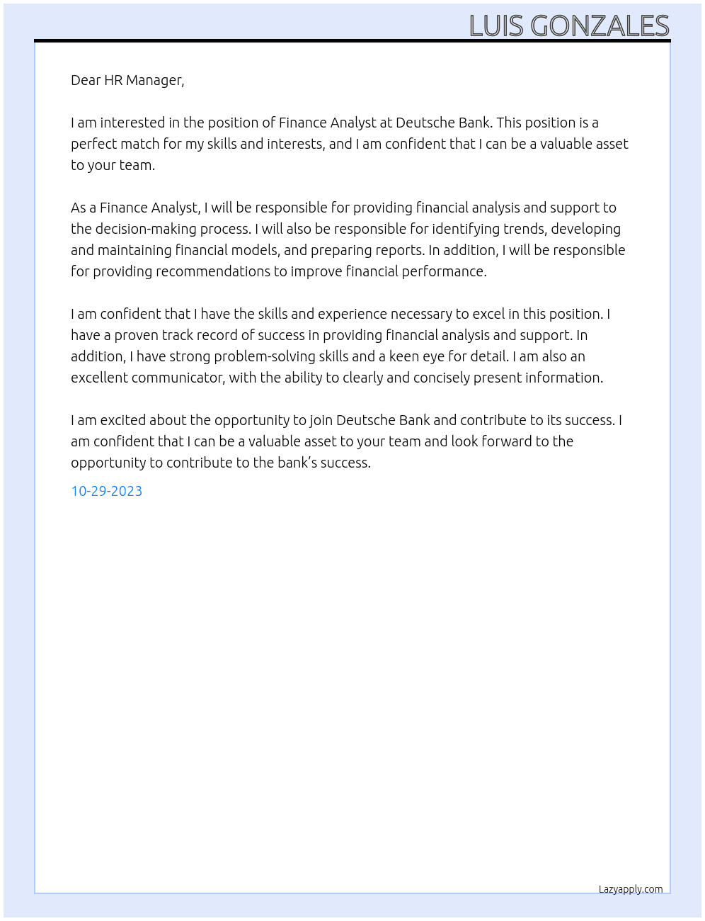 Finance Analyst At Deutsche Bank Cover Letter
