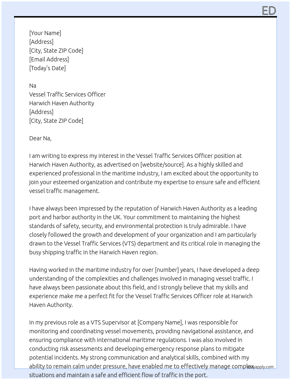 Vessel Traffic Services Officer At Harwich Haven Authority  Cover Letter