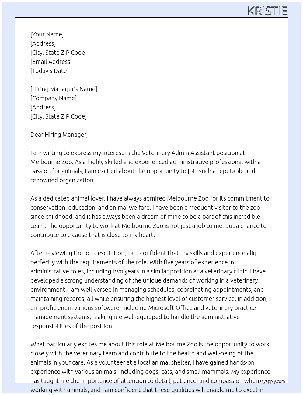 Veterinary Admin Assistant At Melbourne zoo Cover Letter