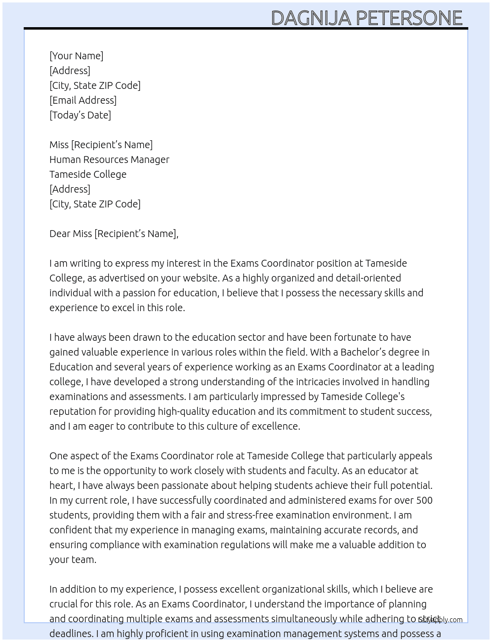Exams Coordinator At Tameside College Cover Letter