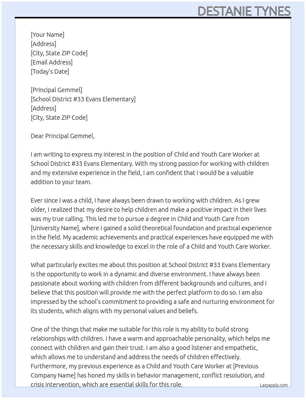 Child and Youth Care Worker At school district # 33 Evans Elementary Cover Letter