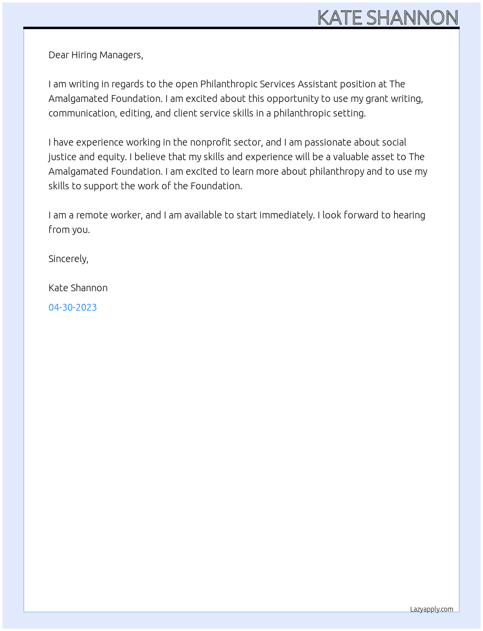 Philanthropic Services Assistant At The Amalgamated Foundation Cover Letter