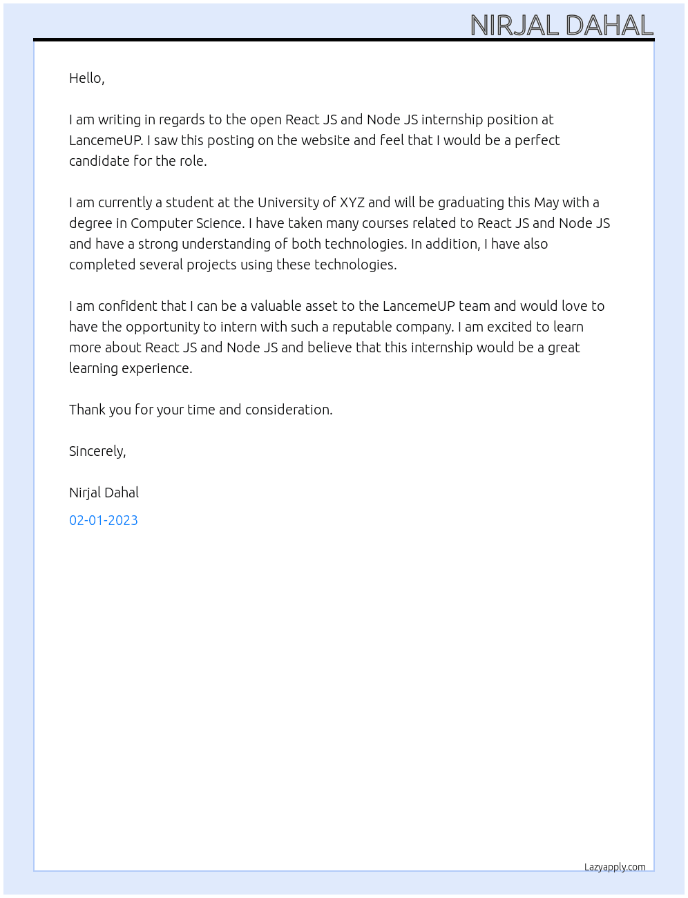 Cover letter for react js and node js internship - LazyApply