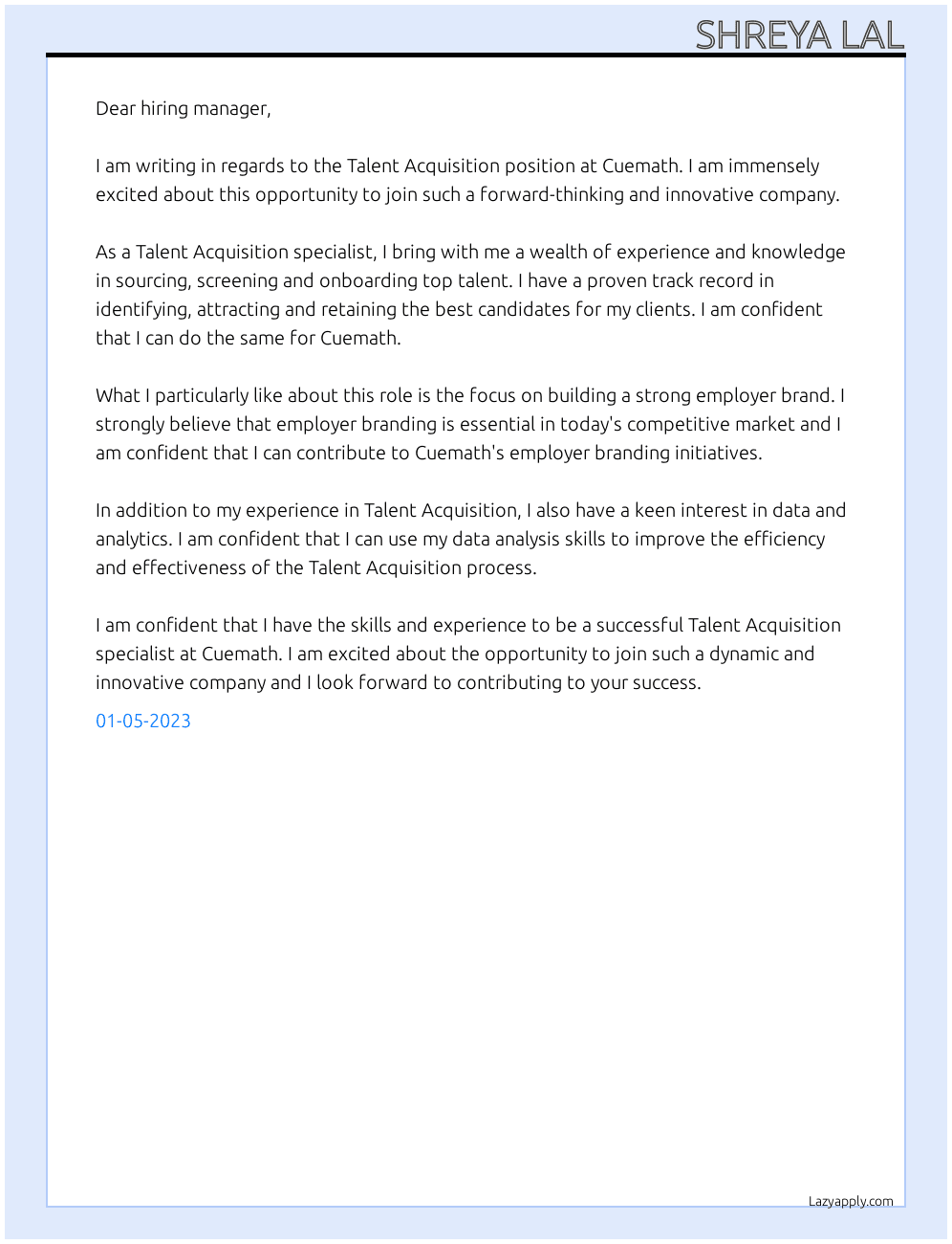 Talent Acquisition At Cuemath Cover Letter