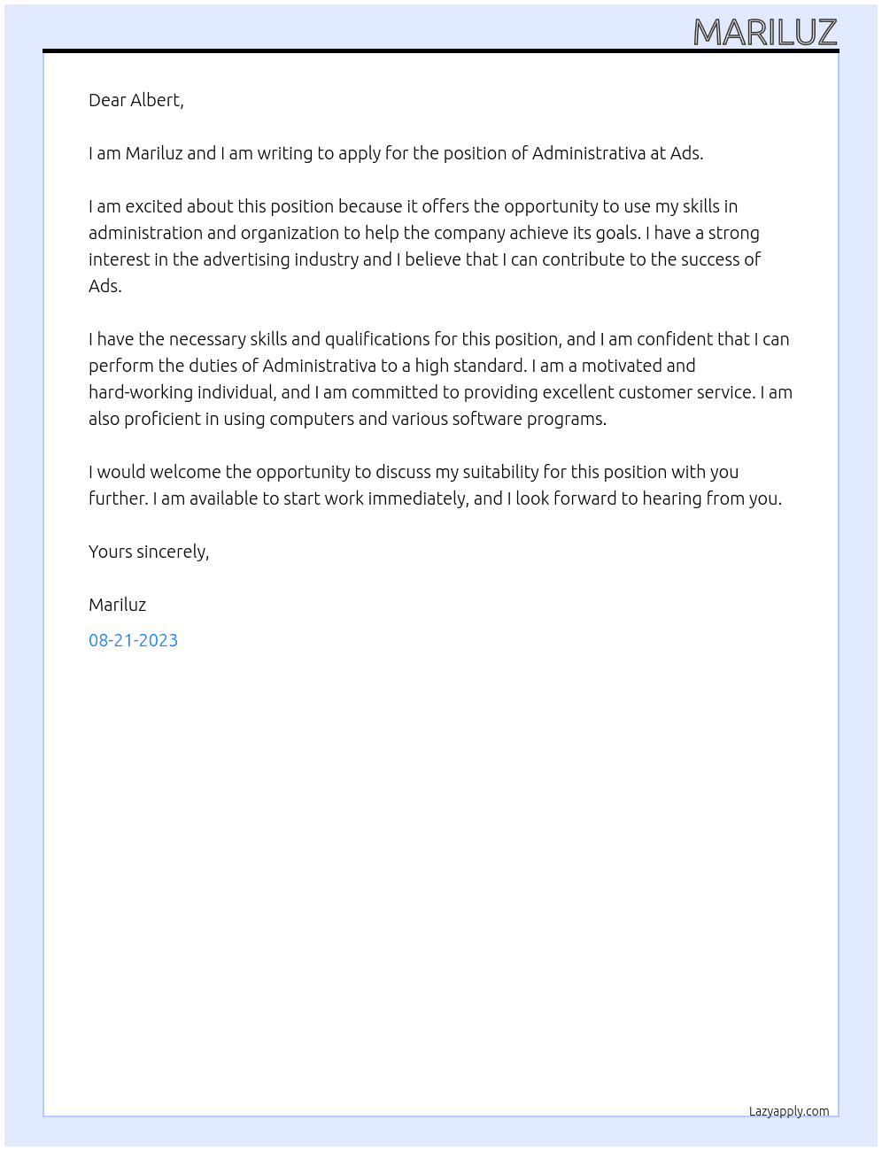 Administrativa  At Ads Cover Letter