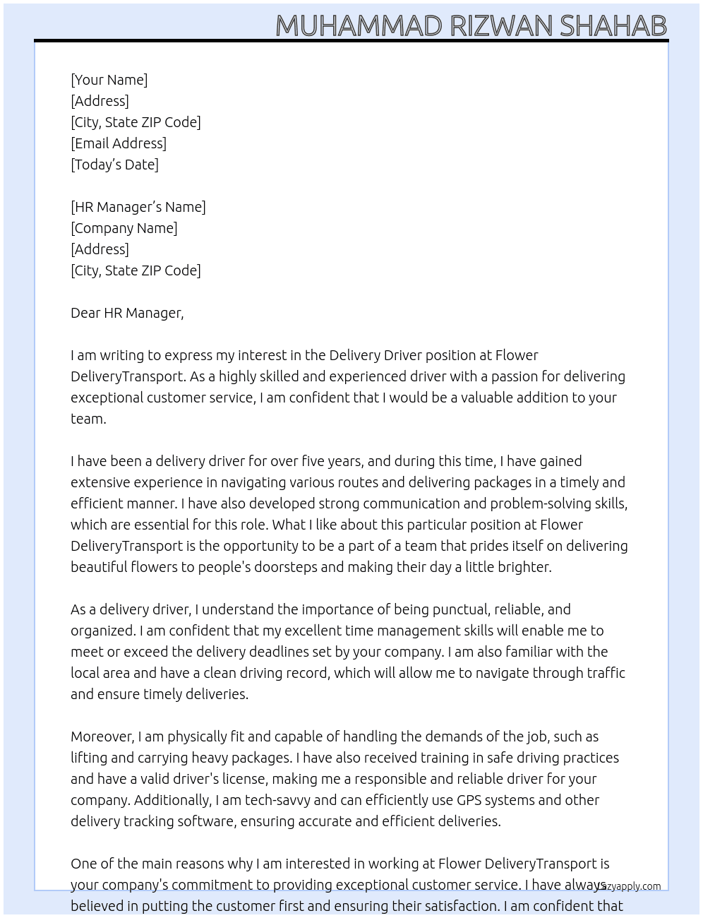 Delivery Driver At Flower DeliveryTransport Cover Letter