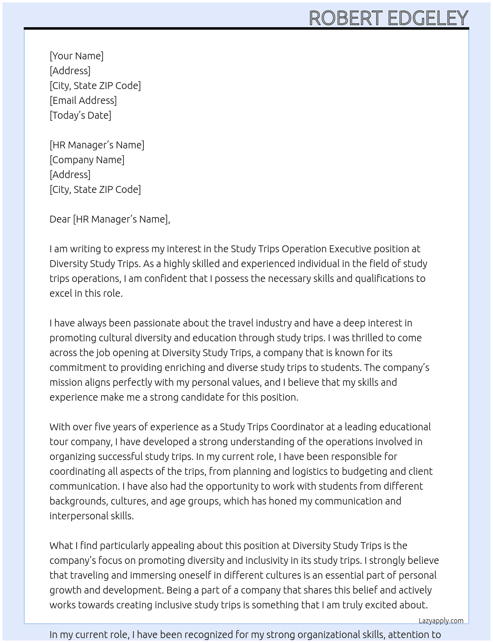 Study Trips Operation Executive At Diversity Study Trips Cover Letter