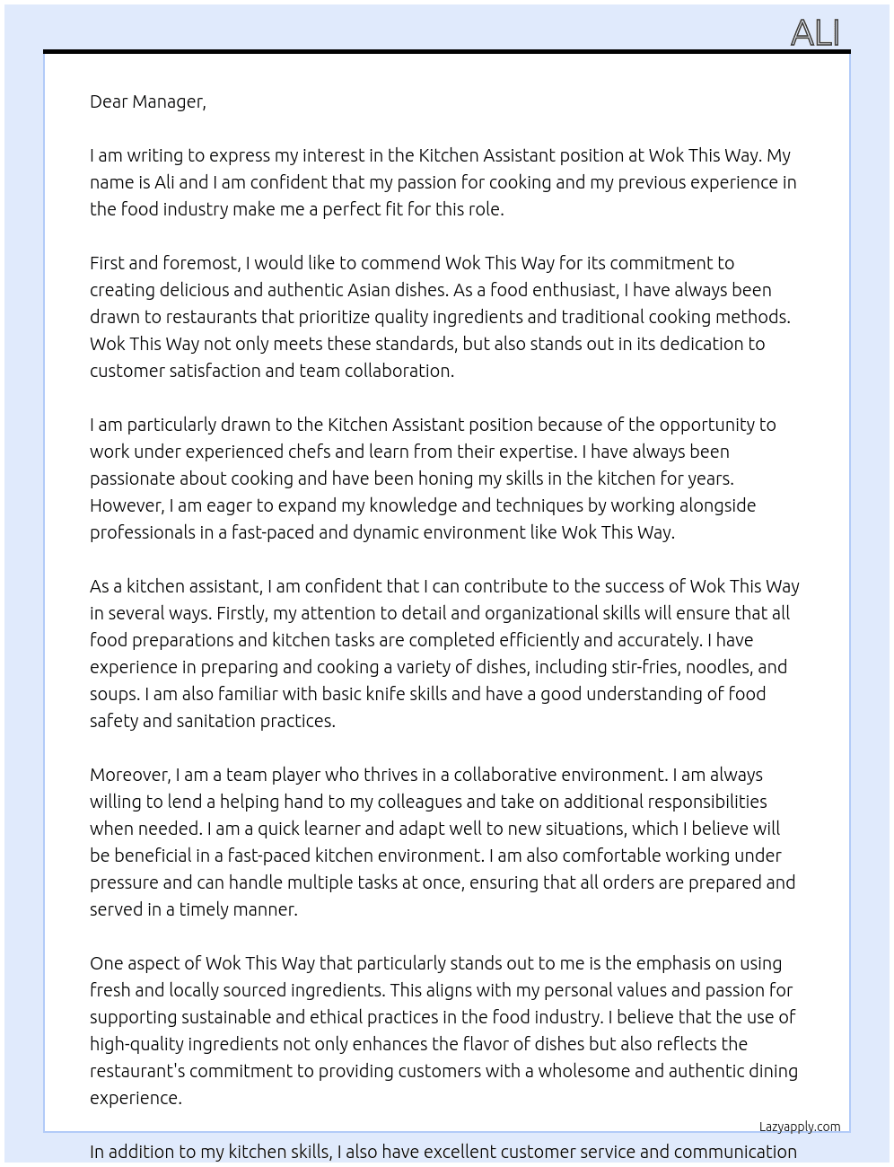 kitchen assistant At wok this way Cover Letter