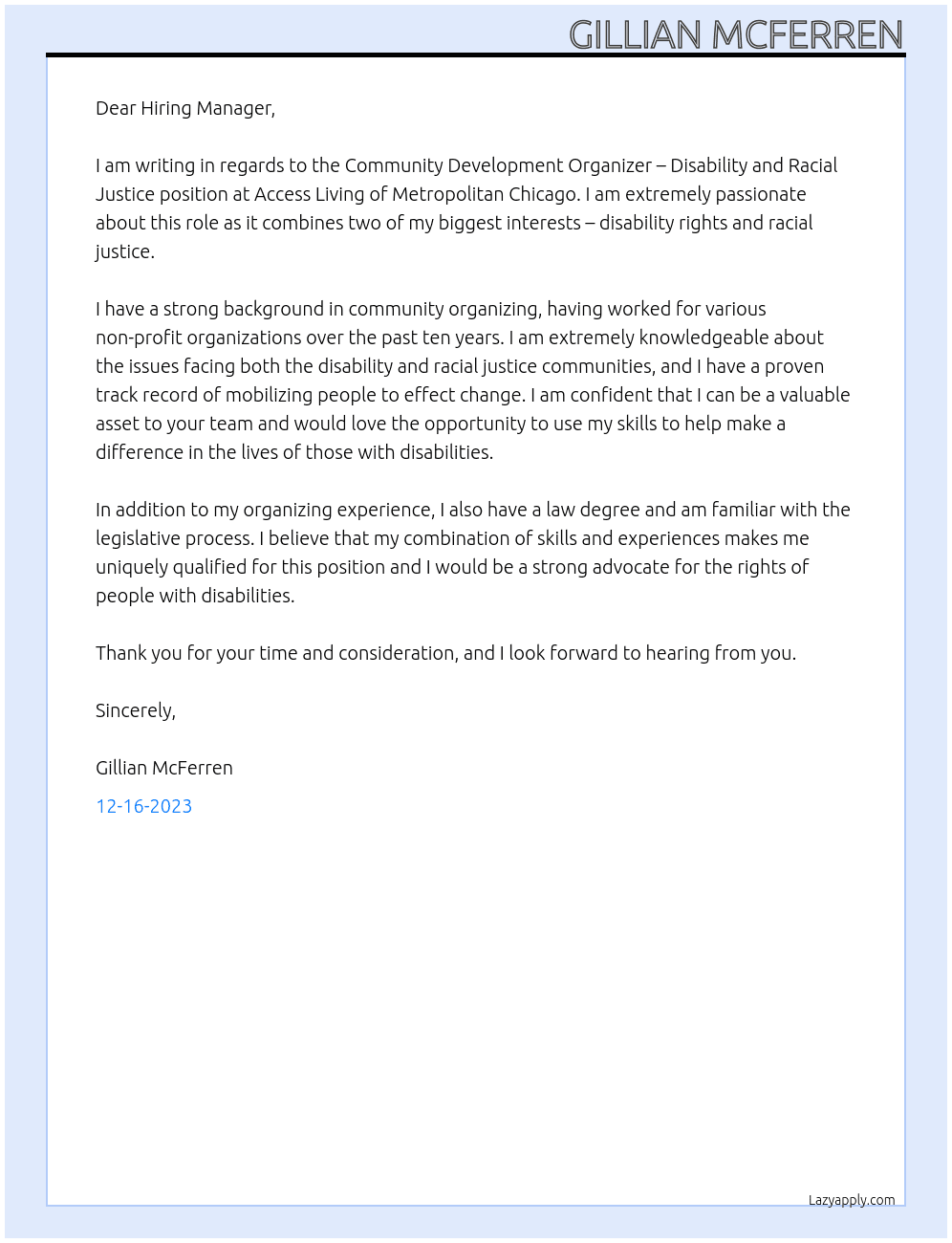 Community Development Organizer – Disability and Racial Justice At Access Living of Metropolitan Chicago Cover Letter