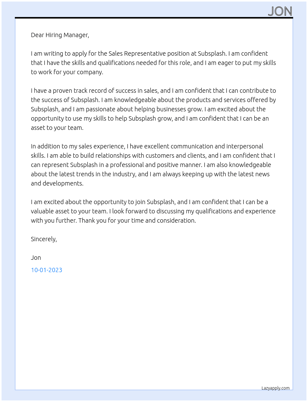  Sales Representative At Subsplash Cover Letter